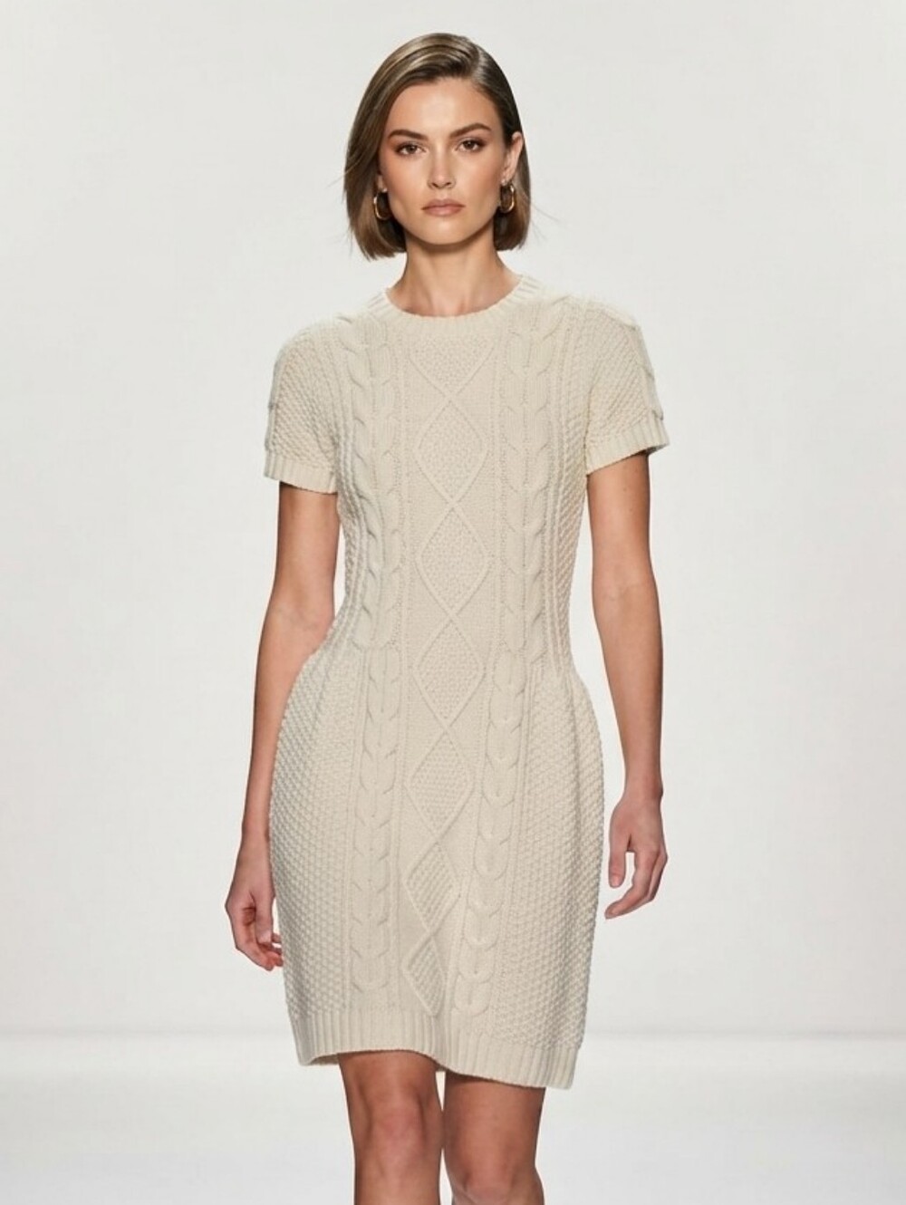 Rubbish By Anthropologie Cream Cable Knit Short Sleeve Sweater Dress Size S